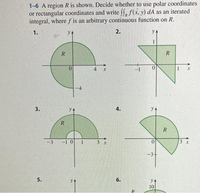 Solved 1-6 A region R is shown. Decide whether to use polar | Chegg.com