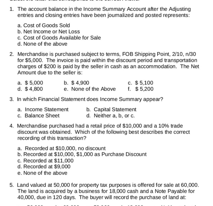 Solved 1. The account balance in the Income Summary Account | Chegg.com