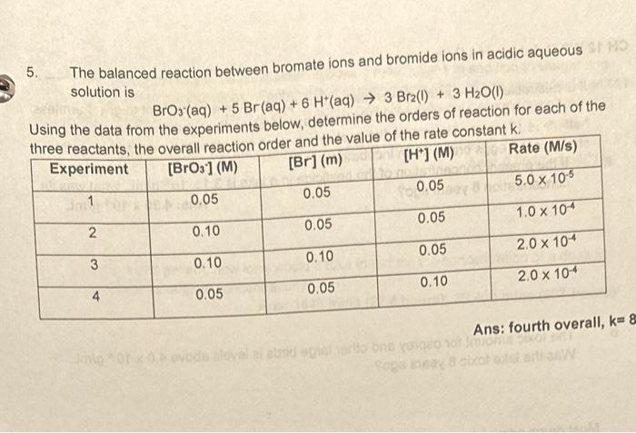 5. The balanced reaction between bromate ions and bromide ions in acidic aqueous solution is
\[
\mathrm{BrO}_{3} \cdot(\mathr