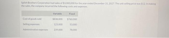 Solved Splish Brothers Corporation had sales of $3,000,000 | Chegg.com