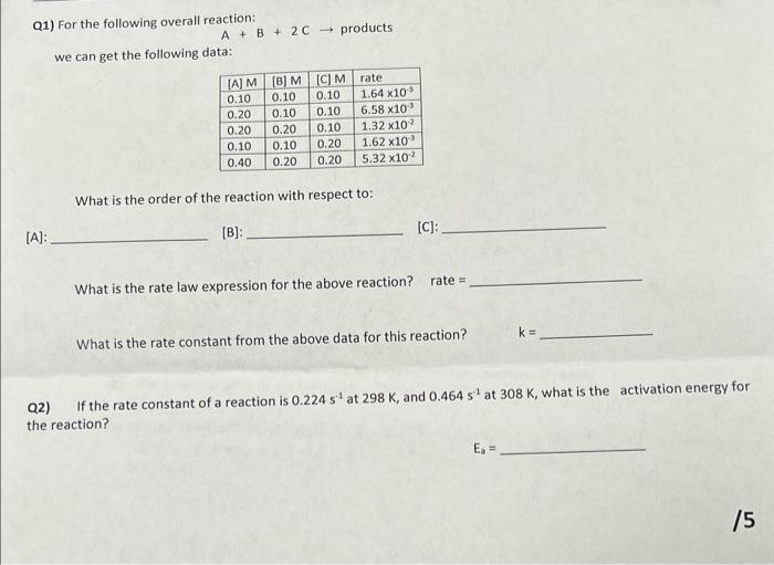 Solved Q1) For the following overall reaction: A+B+2C→ | Chegg.com