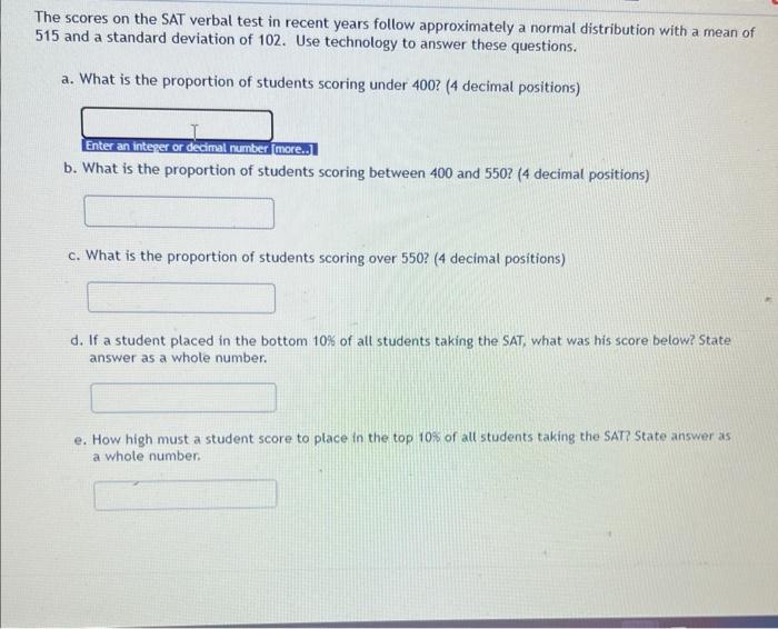 Solved The scores on the SAT verbal test in recent years | Chegg.com