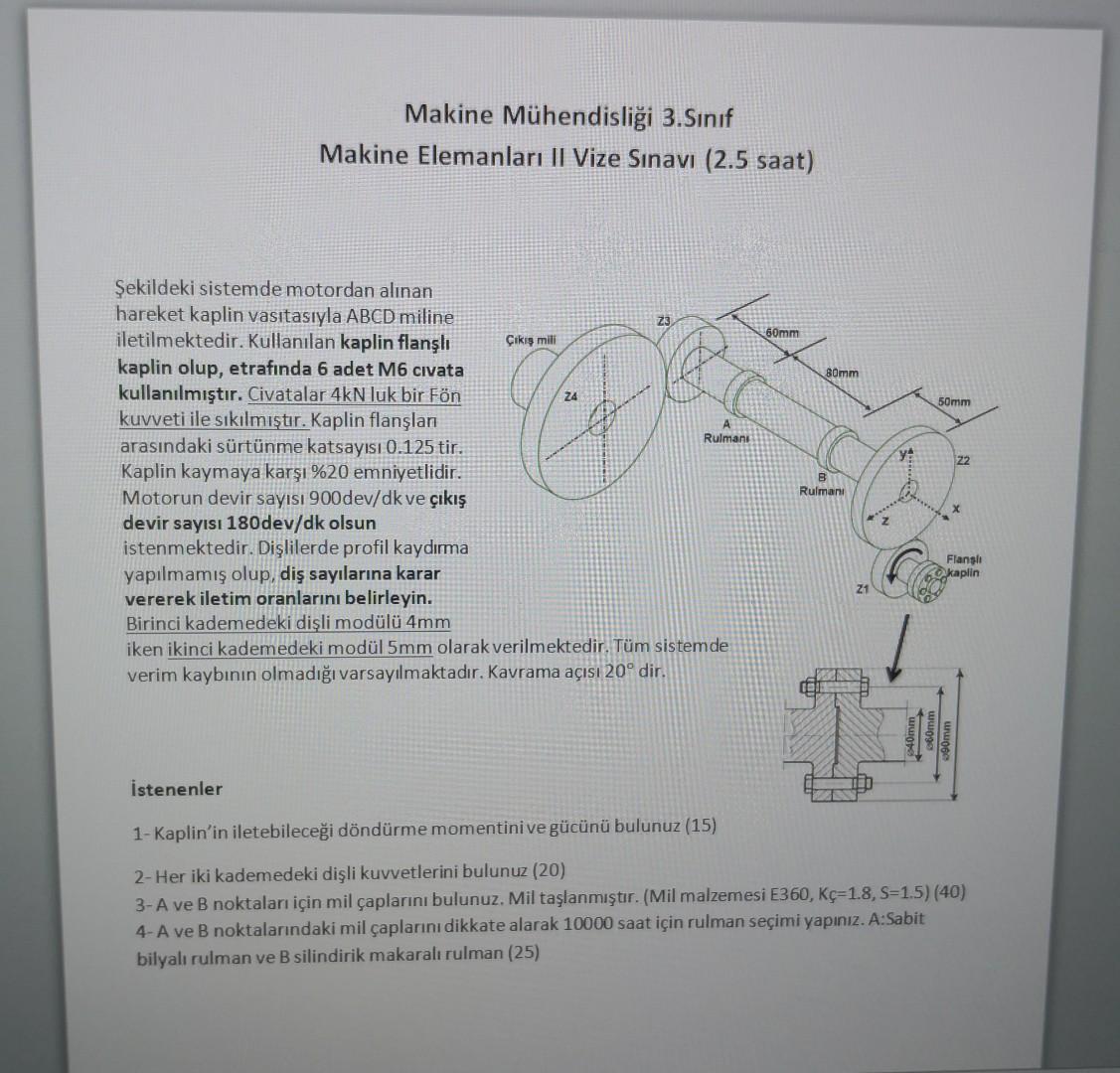 Makine Mühendisliği 3.Sınıf Makine Elemanları II Vize | Chegg.com