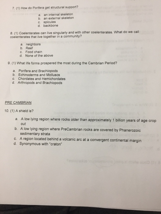 Solved 7. (1) How do Porifera get structural support? a. an