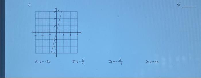 9) A) \( y=-4 x \) B) \( y=\frac{x}{4} \) C) \( y=\frac{x}{-4} \) D) \( y=4 x \)