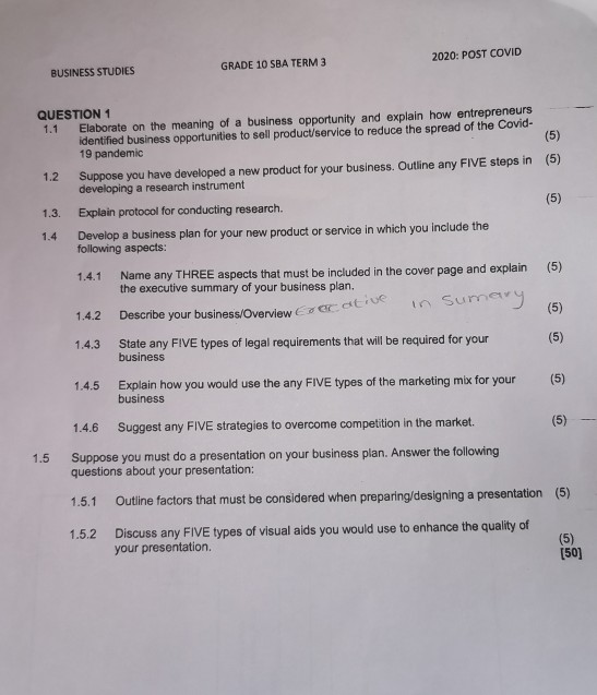 business question paper grade 10 term 3