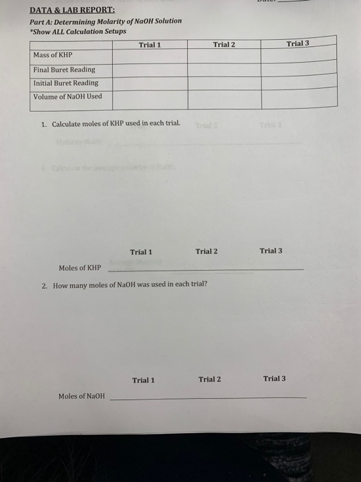 Solved DATA & LAB REPORT: Part A: Determining Molarity of | Chegg.com