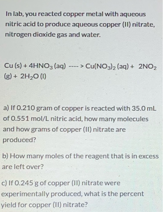 Solved In Lab You Reacted Copper Metal With Aqueous Nitric 4280