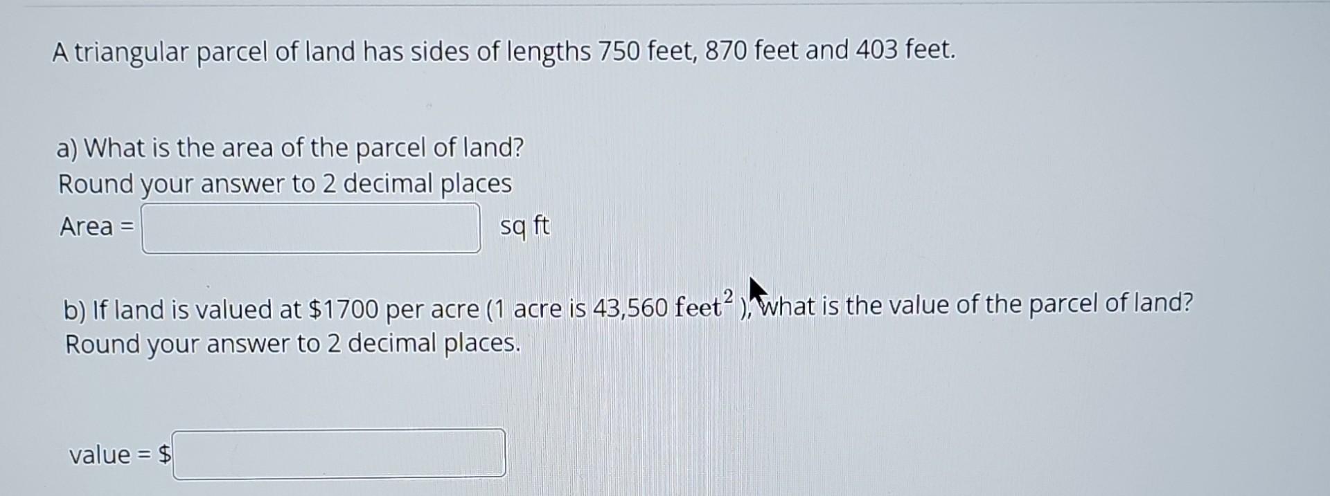 Solved A Triangular Parcel Of Land Has Sides Of Lengths 750 | Chegg.com