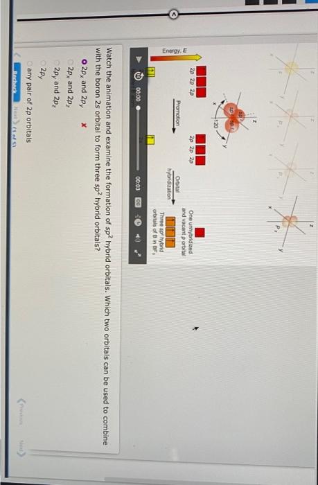 Watch the animation and examine the formation of \( s p^{2} \) hybrid orbitals. Which two orbitals can be used to combine wit