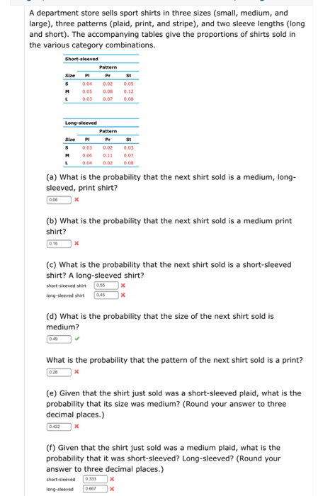 Solved A department store sells sport shirts in three sizes | Chegg.com
