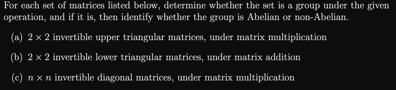 Solved For each set of matrices listed below, determine | Chegg.com