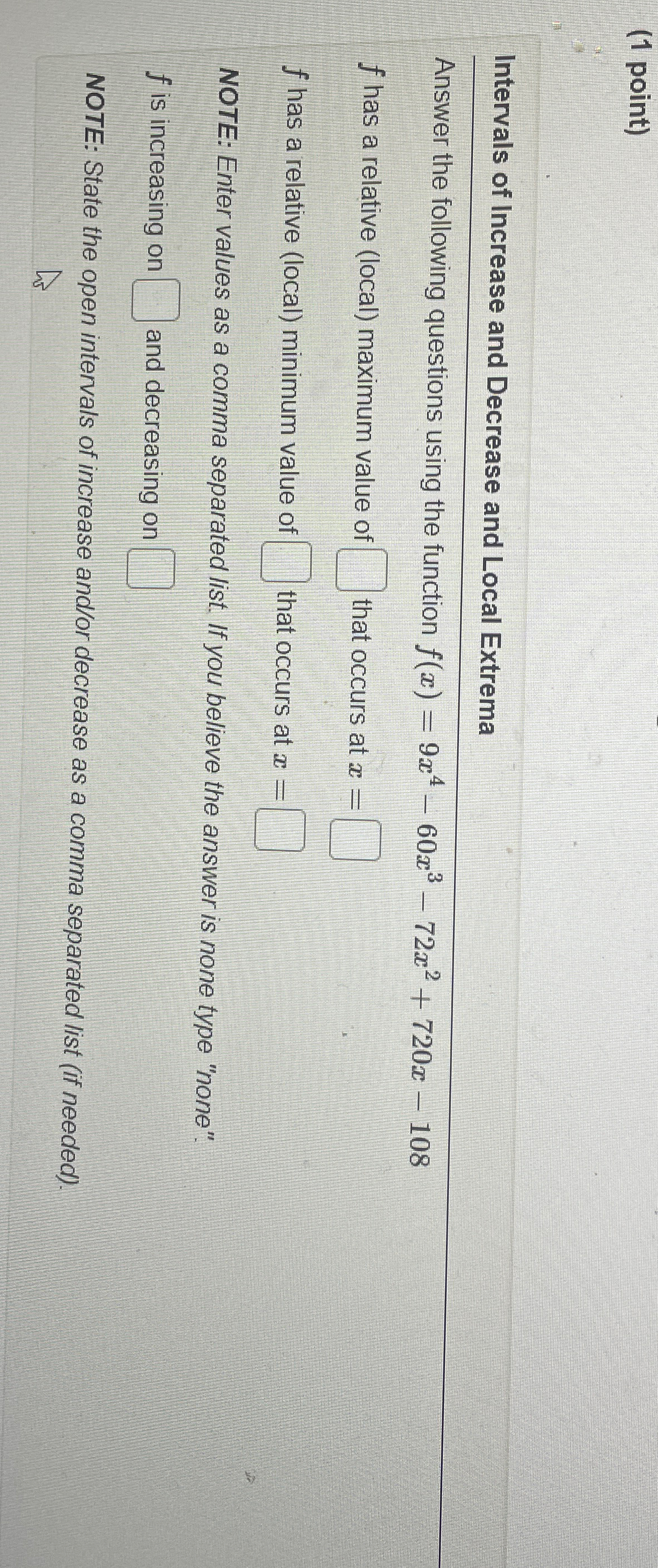 Solved (1 ﻿point)Intervals of Increase and Decrease and | Chegg.com
