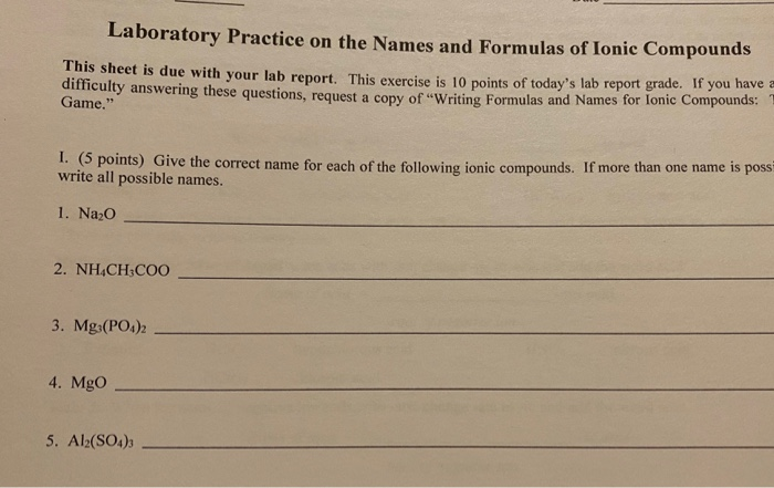 Solved Laboratory Practice on the Names and Formulas of | Chegg.com