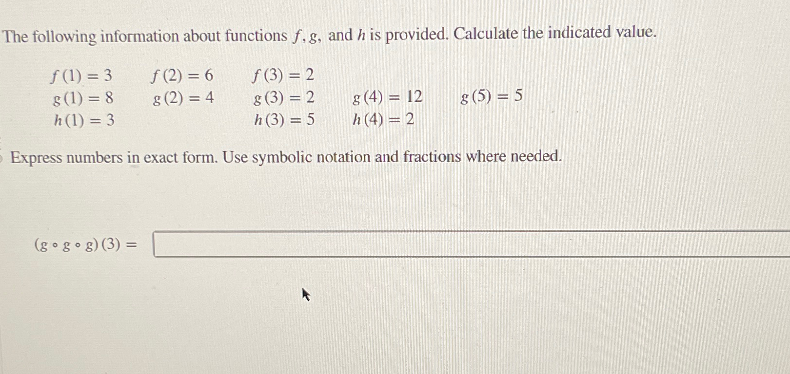 Solved The following information about functions f,g, ﻿and h | Chegg.com