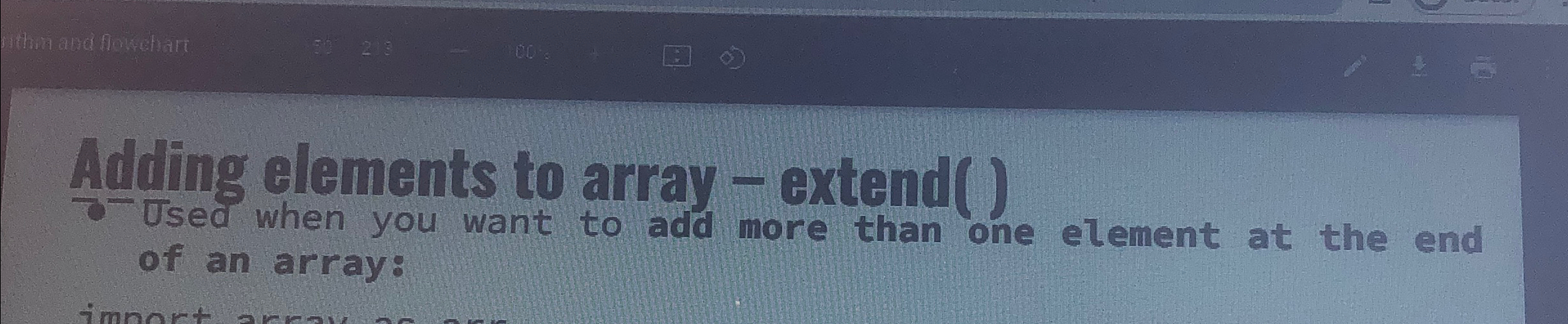 Solved Adding elements to array - ﻿extend ( )Used when you | Chegg.com image.
