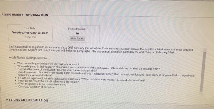 ASSIGNMENT INFORMATION Due Date Tuesday, February 23, | Chegg.com