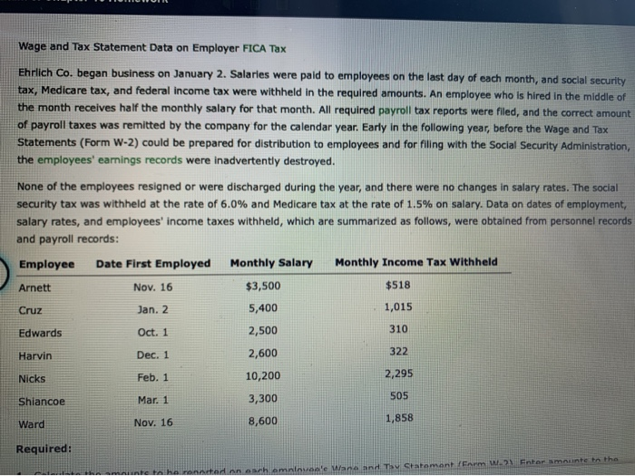 Solved Wage and Tax Statement Data on Employer FICA Tax