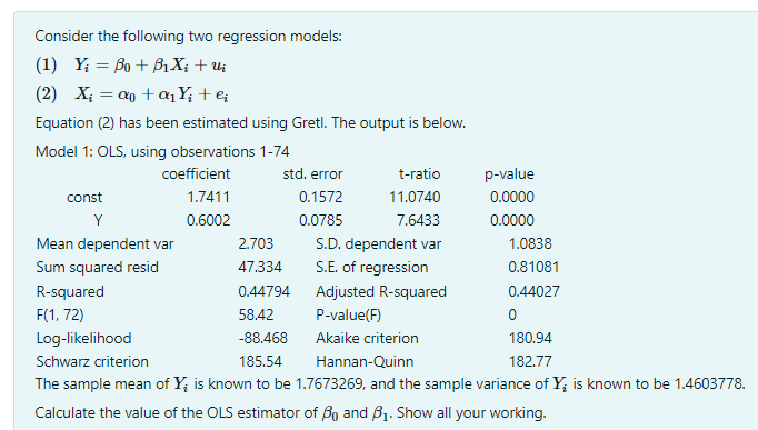 Solved Consider the following two regression | Chegg.com