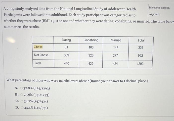 Solved A 2009 study analyzed data from the National | Chegg.com
