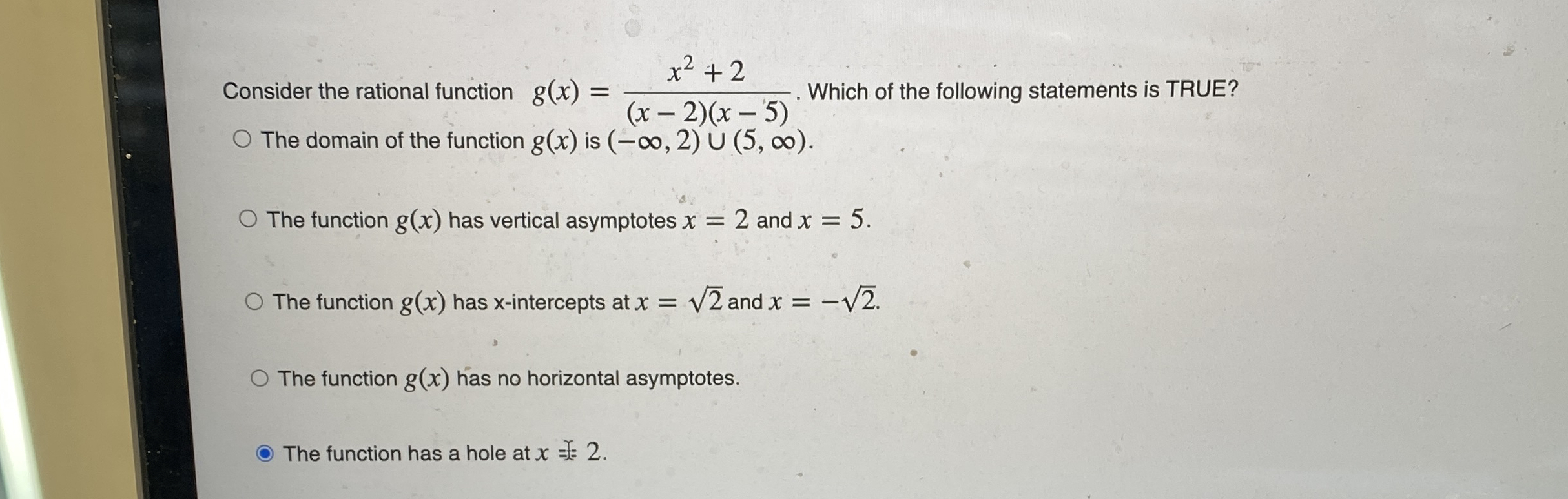 Solved Consider the rational function g(x)=x2+2(x-2)(x-5). | Chegg.com