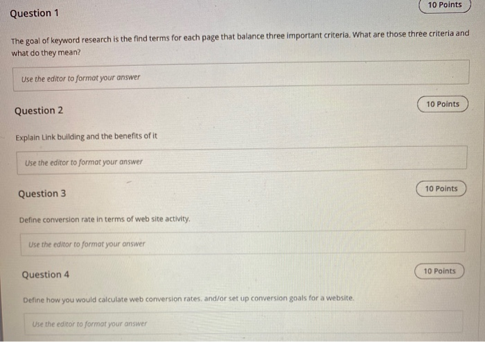 Solved 10 Points Question 1 The goal of keyword research is 