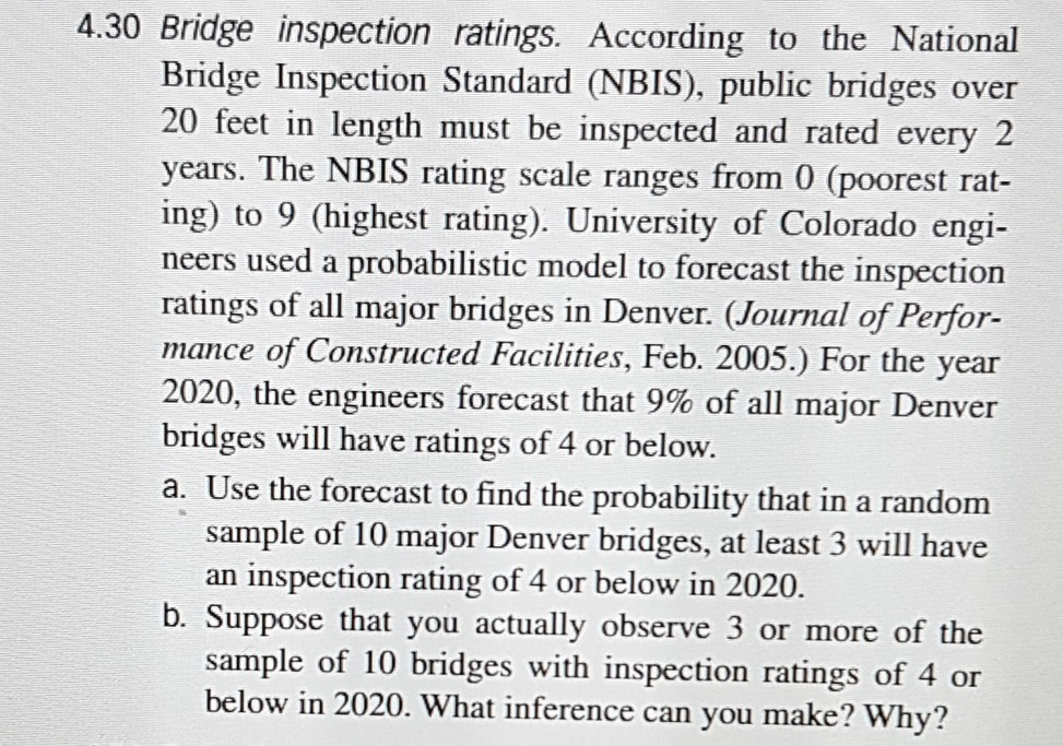Solved 4.30 Bridge inspection ratings. According to the