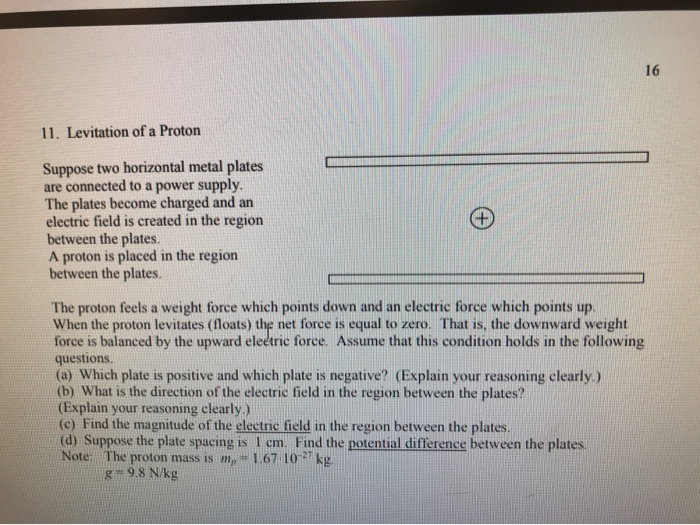 Solved 11. Levitation of a Proton Suppose two horizontal