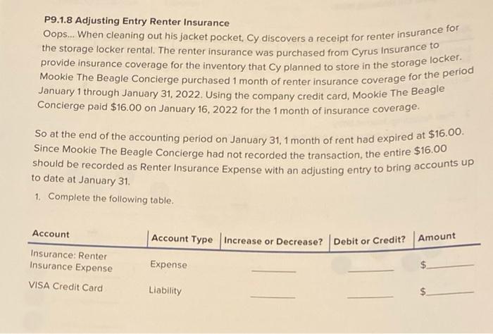 Solved P9.1.8 Adjusting Entry Renter Insurance Oops... When | Chegg.com