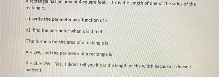 Solved rectangle, a.) write the perimeter as a function of x | Chegg.com