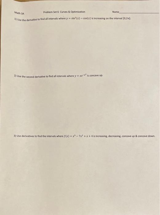Solved Math 3A Problem Set 6 Curves \& Optimization Name 1) | Chegg.com
