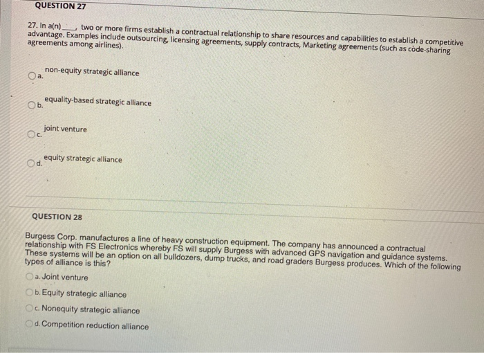 Solved QUESTION 27 27. In a[n) two or more firms establish a | Chegg.com