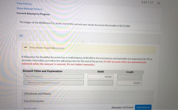 Solved - Your answer is partially correct. If Allowance for | Chegg.com