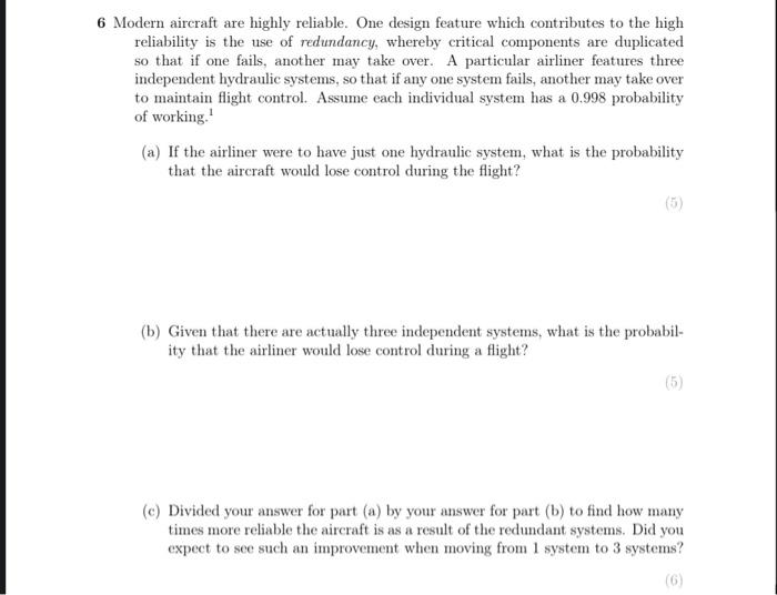 Solved 5 Modern aircraft are highly reliable. One design | Chegg.com