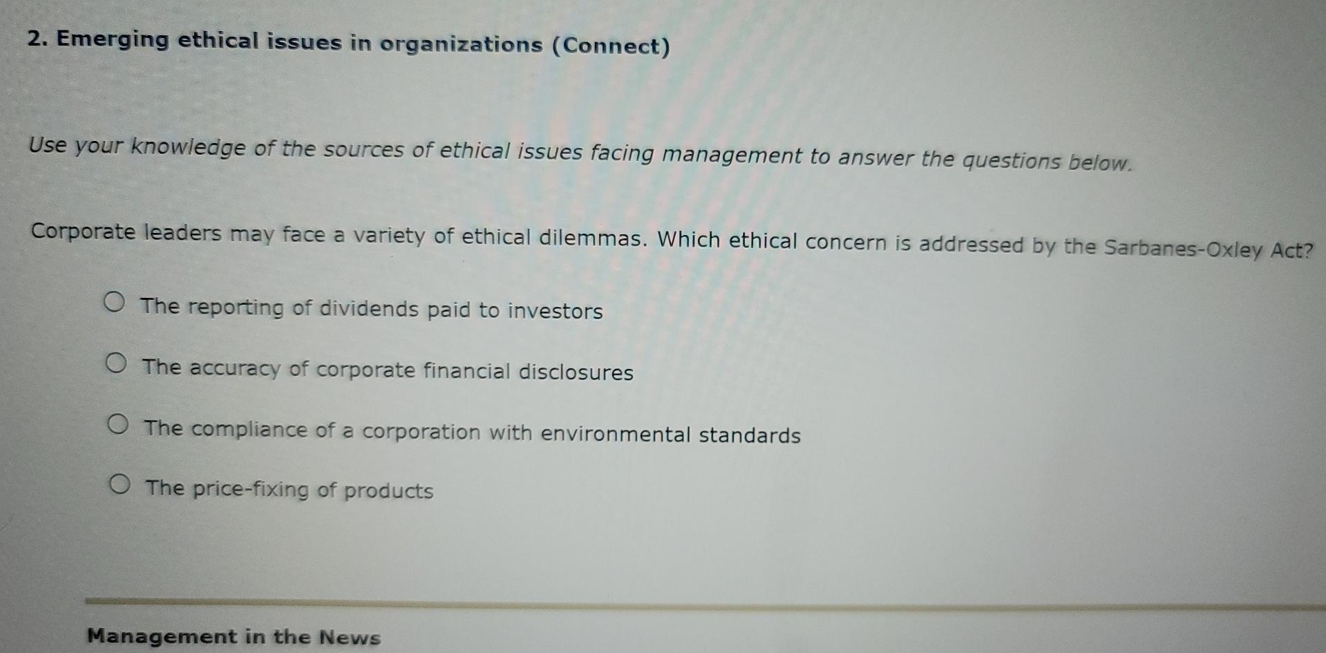 Solved 2. Emerging ethical issues in organizations (Connect) | Chegg.com