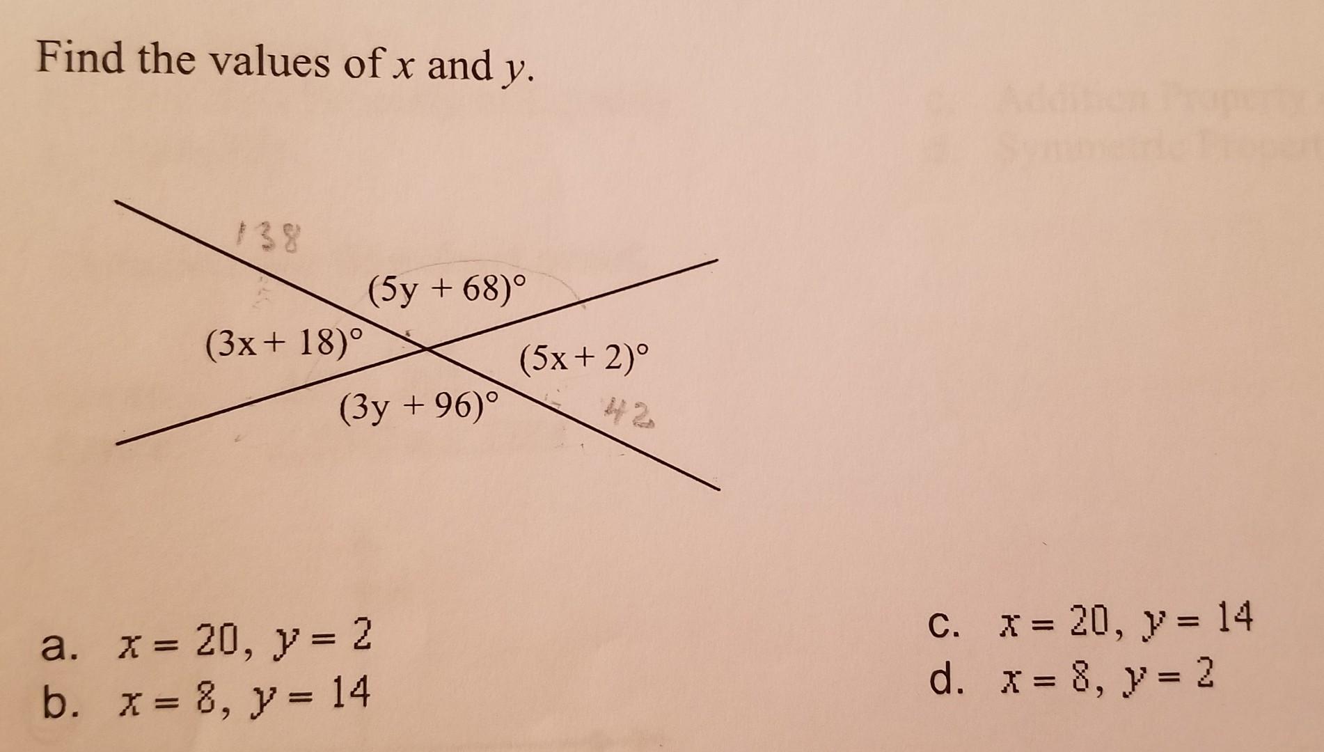 Solved Find The Values Of X And Y 5y 68 º 3x 18 Chegg Com