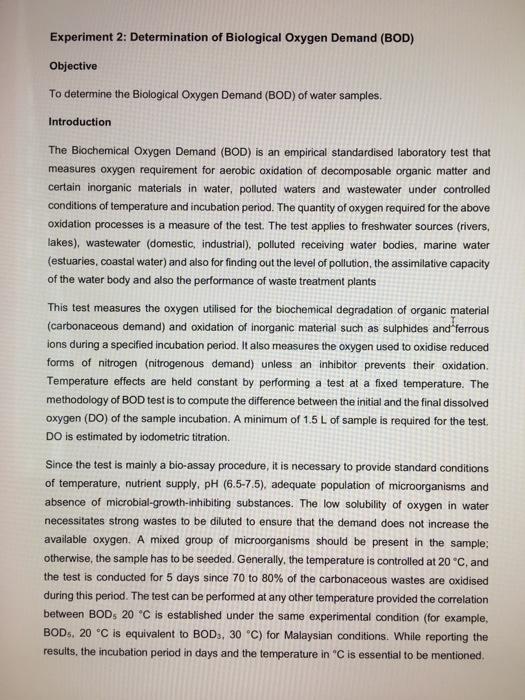 Solved Experiment 2: Determination of Biological Oxygen | Chegg.com