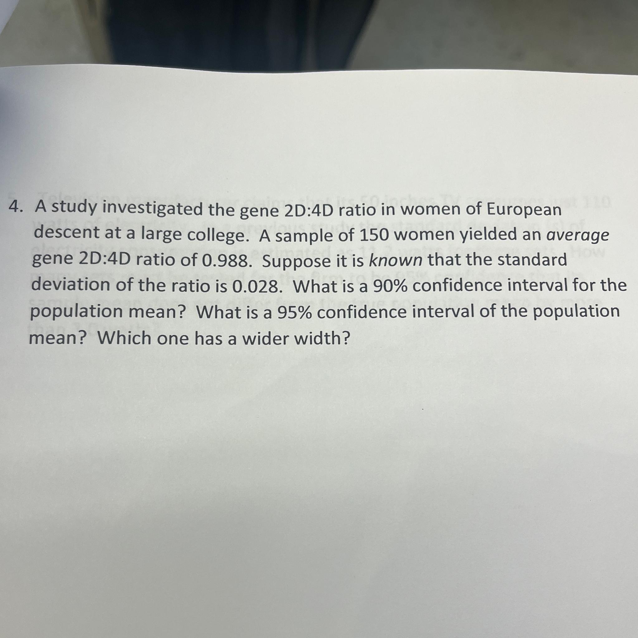 Solved A study investigated the gene 2D4D ﻿ratio in women