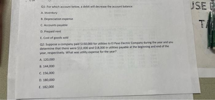 Solved Q1: For which account below, a debit will decrease | Chegg.com