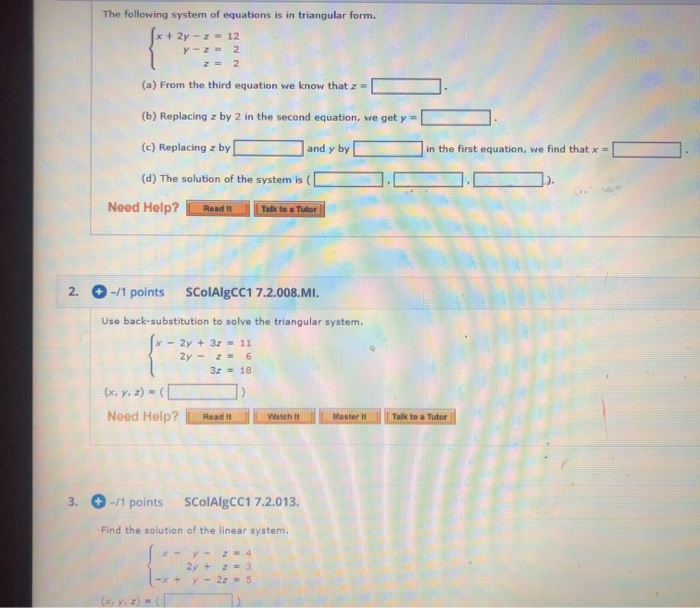 Solved The following system of equations is in triangular | Chegg.com