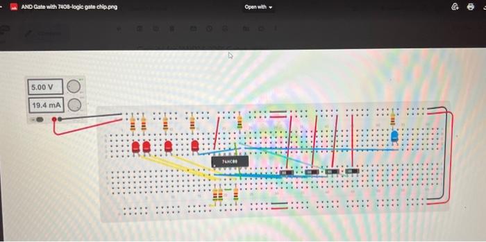 AND Gate with 740 -logie gate chippog
\[
\begin{array}{|r|}
\hline 5.00 \mathrm{~V} \\
\hline 19.4 \mathrm{~mA} \\
\hline
\en