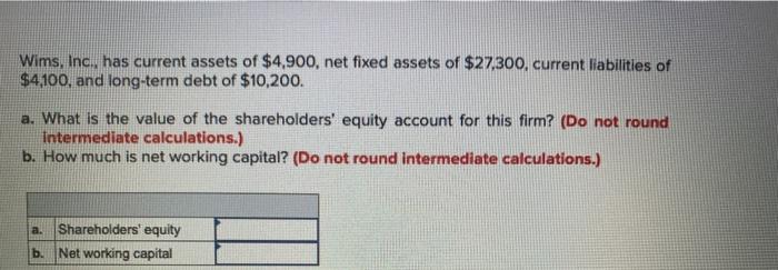 Solved Wims, Inc. Has Current Assets Of $4,900, Net Fixed 