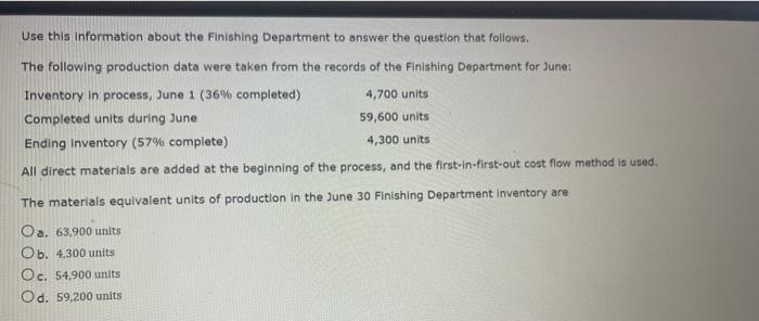 Solved Use this information about the Finishing Department | Chegg.com