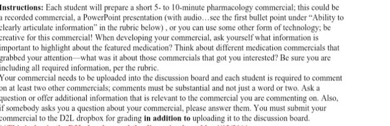 Instructions: Each student will prepare a short 5- to 10-minute pharmacology commercial; this could be a recorded commercial,