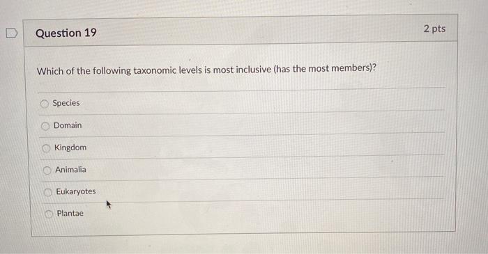Solved Question 19 2 pts Which of the following taxonomic | Chegg.com