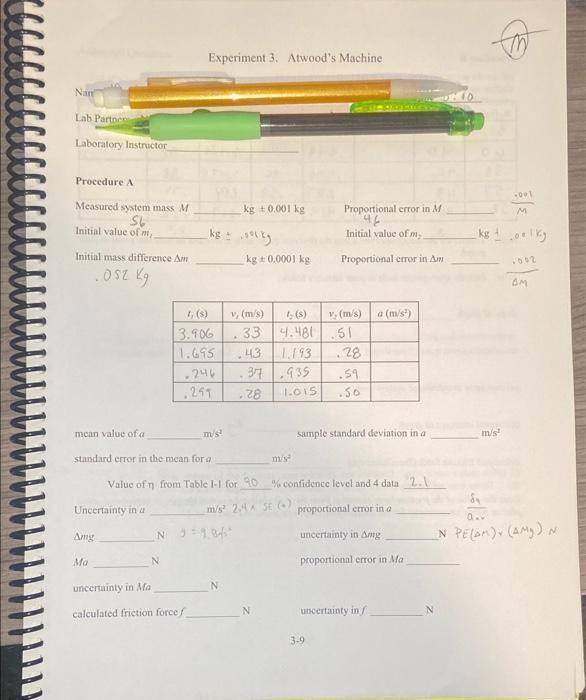 Solved Experiment 3 Atwood's Machine Nan Lab Partner | Chegg.com