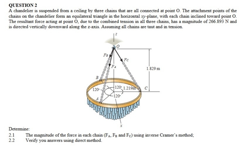 Solved QUESTION 2A chandelier is suspended from a ceiling by | Chegg.com
