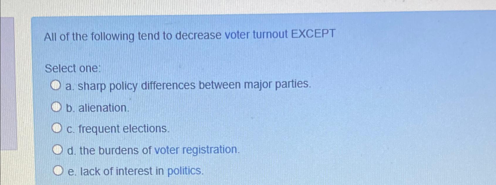 Solved All Of The Following Tend To Decrease Voter Turnout | Chegg.com