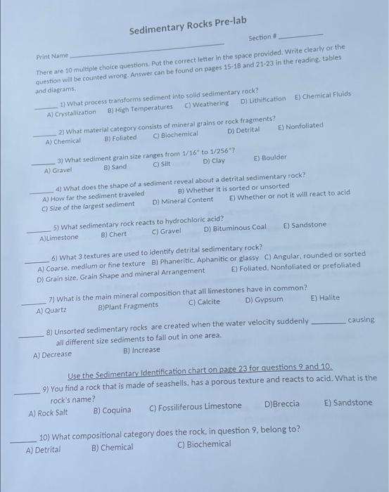 Solved Sedimentary Rocks Pre-lab Print Name Section There | Chegg.com