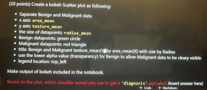 (20 points) Create a bokeh Scatter plot as following:
- Saperate Benign and Malignant data
- \( \mathrm{x} \) axis: area_mean